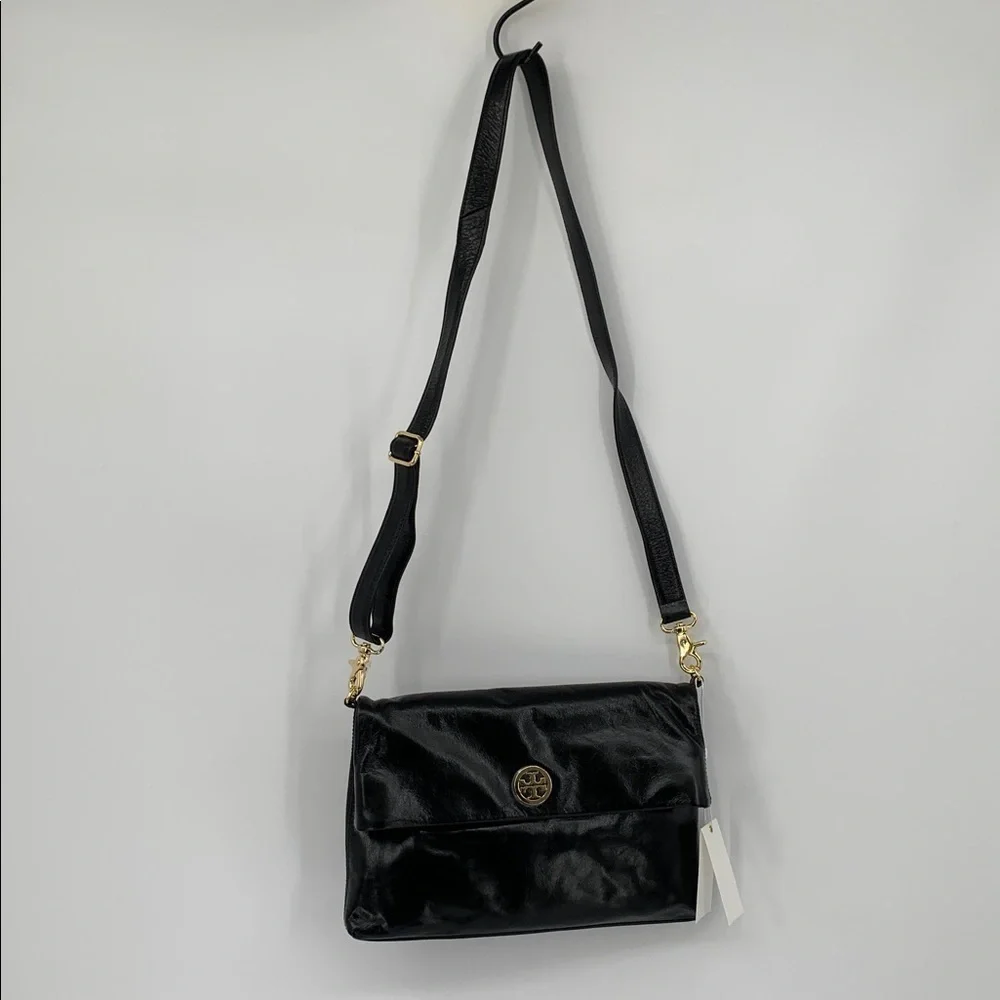 Tory Burch Dena Messenger purse bag black leather logo crossbody convertible new